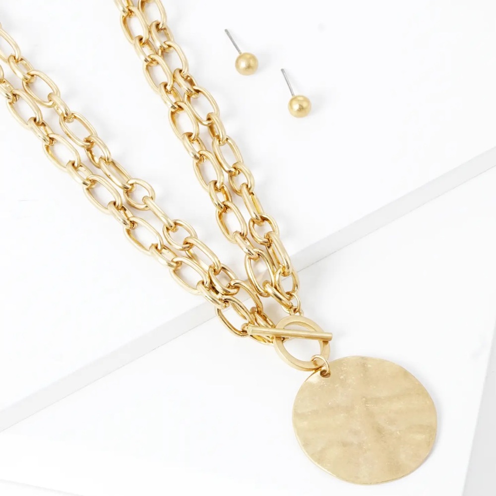 Hammered Disc Pendant Necklace & Earrings Set